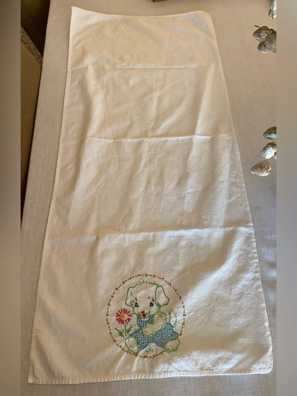 Vintage Hand-Embroidered Puppy Tea Towel Retro White with Multi-Color Stitching